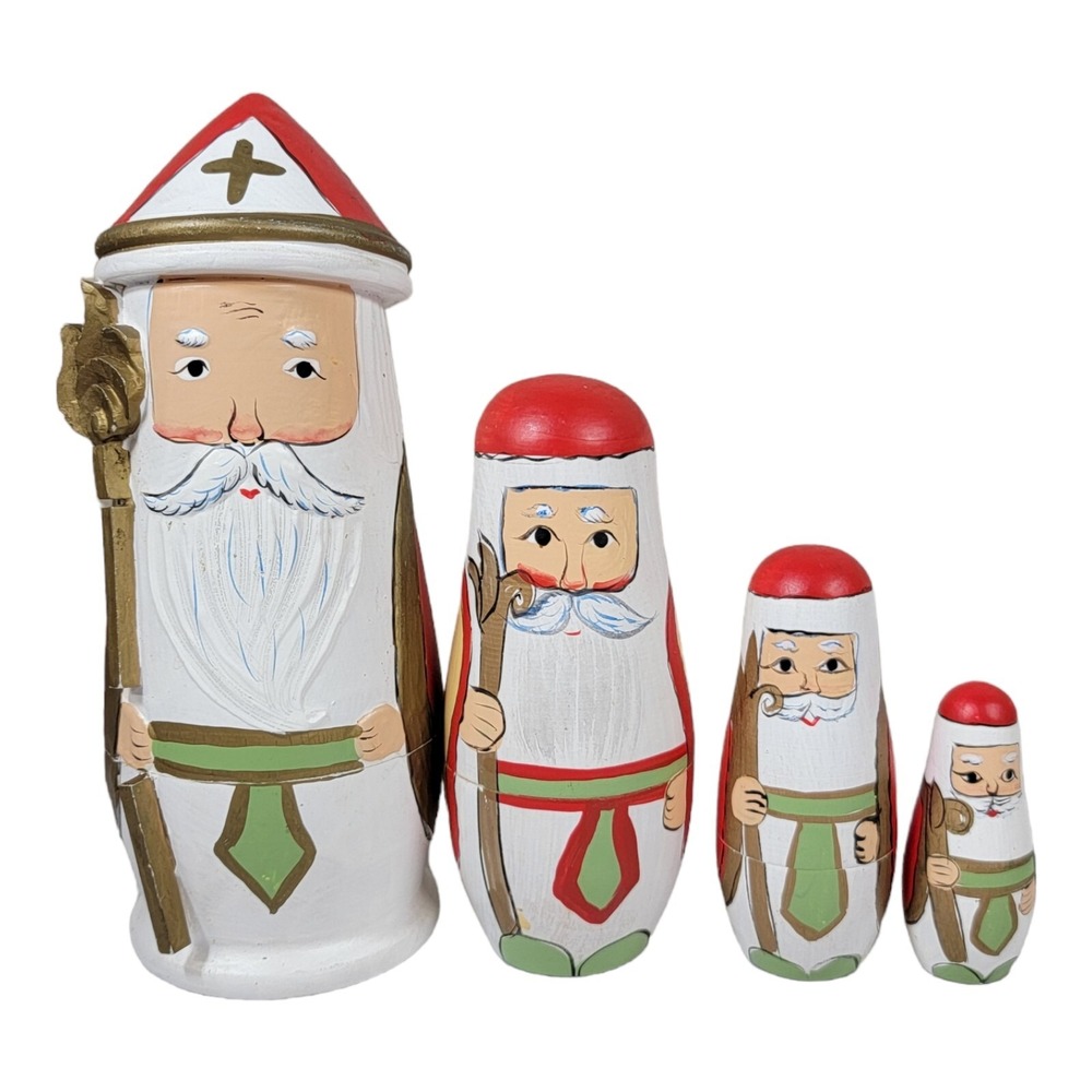 Vintage Santa Claus Saint Nick Christmas 4 Wooden Nesting Dolls Set Russian Doll